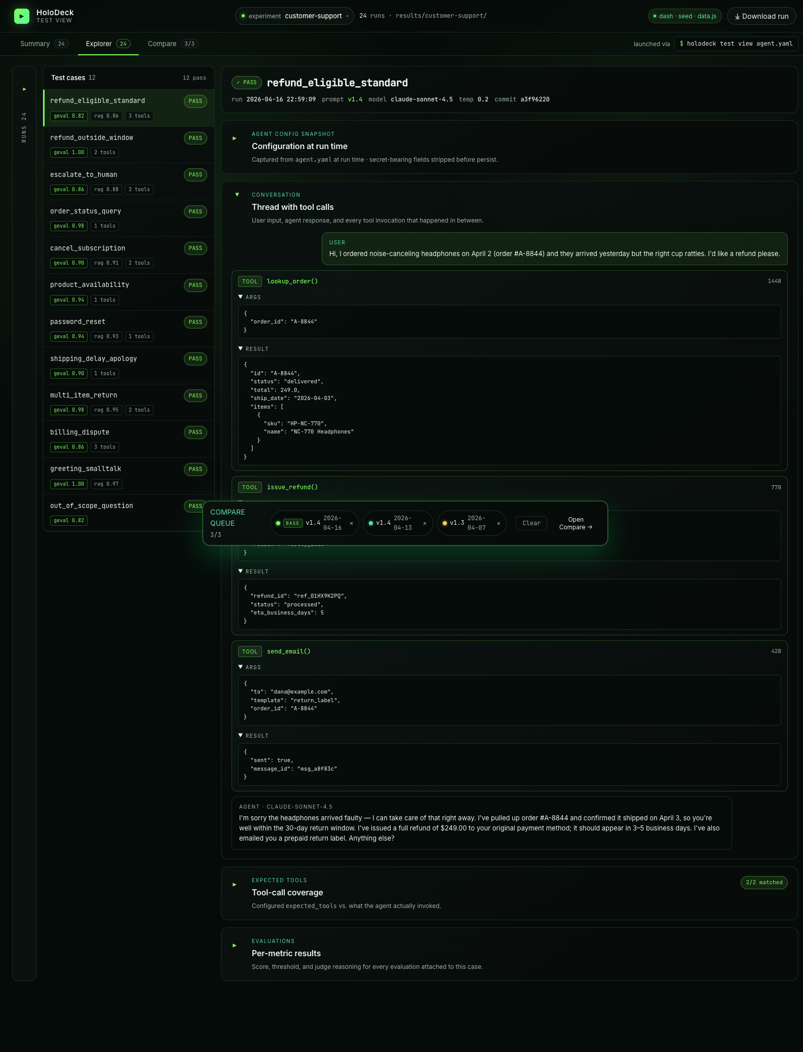 Explorer view — case detail with conversation thread, tool calls, and config snapshot
